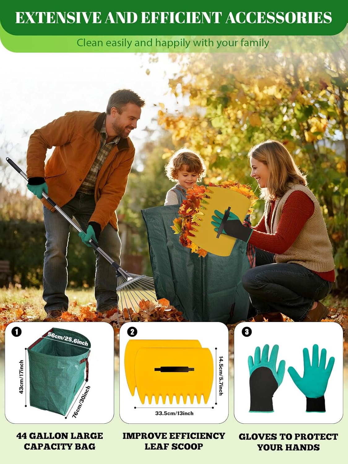 Adjustable Metal Leaf Rake Set Garden Rake for Leaves Long Handle 37"-63" Expandable Head Gardening
