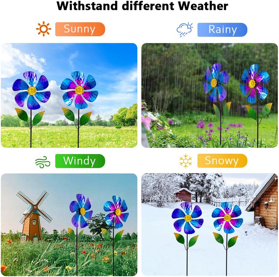 Viveta 2 Pack Garden Wind Spinners, 35.4 "Flower Metal Windmill,Pink and Blue Wind