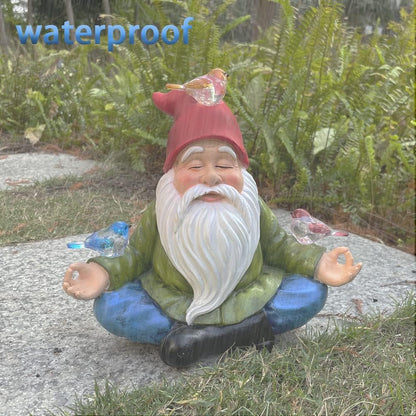 Solar Powered Gnome with Red Hat and 3 Birds, Resin Garden Ornament with LED Light, Lawn Figurine
