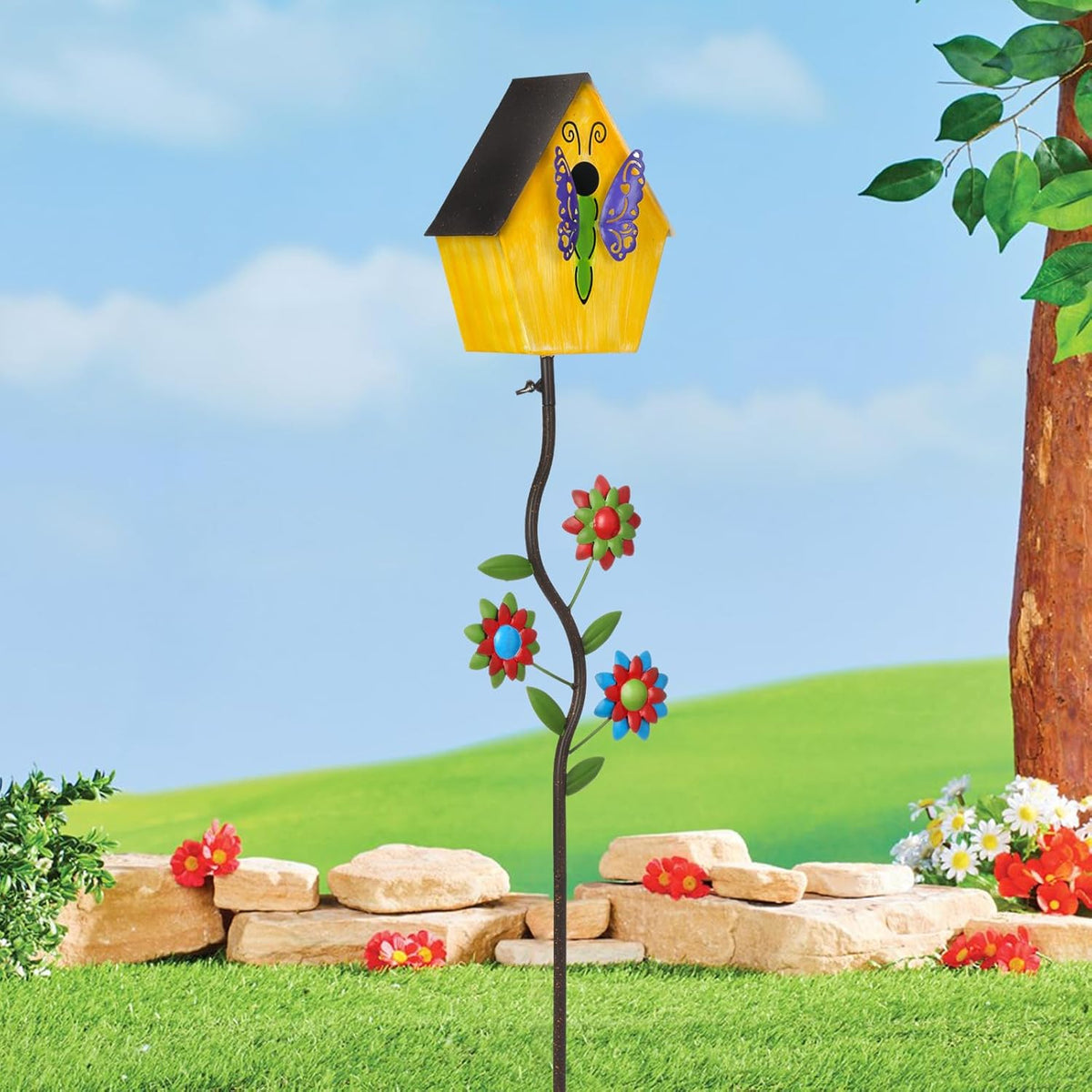 51” Bird Houses Stake for Outside, Metal Wild Bird Feeder Birdhouse Stake Pole with Butterfly