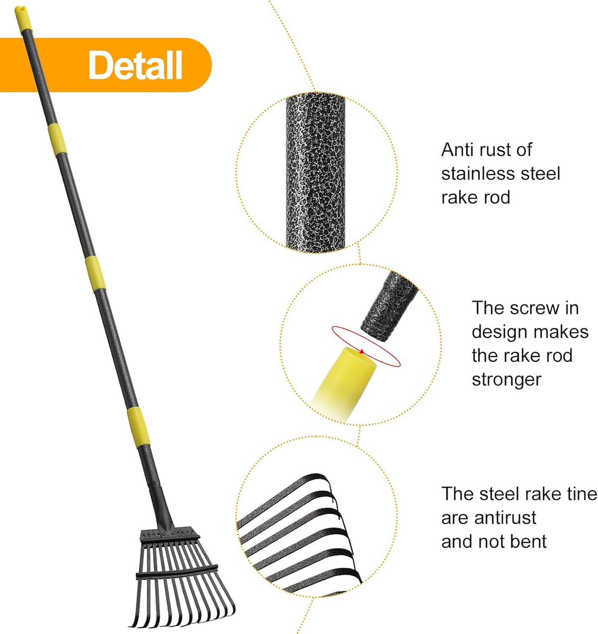 73" Leaf Rake- 11 Metal Tines 8.5" Wide- Small Leaves Rakes for Gardening- Adjustable Metal Leaf