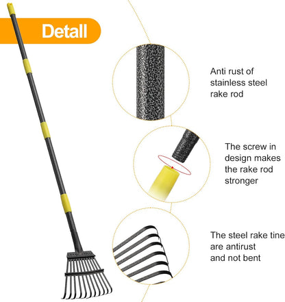 73" Leaf Rake- 11 Metal Tines 8.5" Wide- Small Leaves Rakes for Gardening- Adjustable Metal Leaf