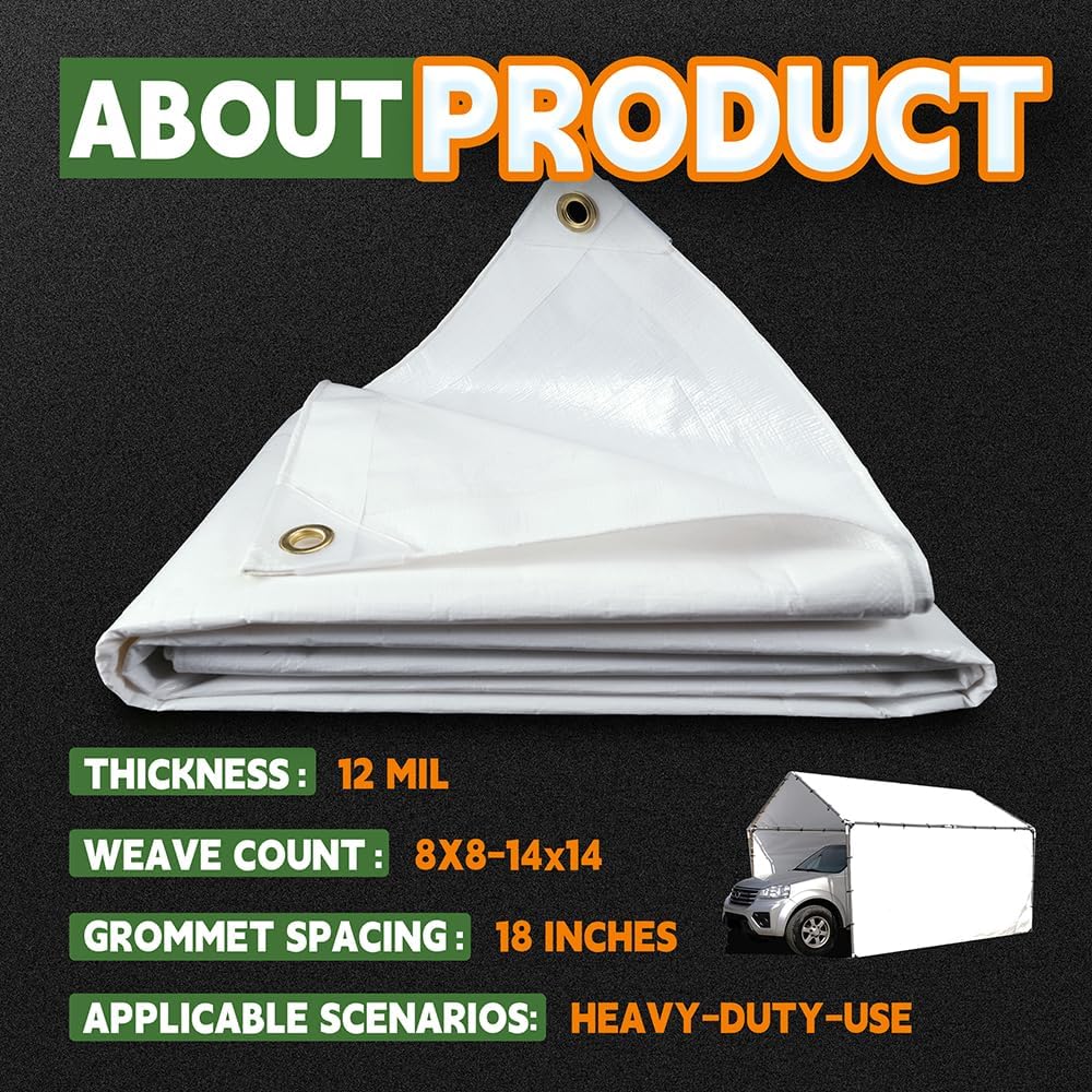 RAINDEWAY White Tarps 10x14 Feet,Heavy Duty Waterproof, 12 Mil Thick,UV Resistant, Weatherproof