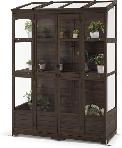 MCombo Wooden Greenhouse, Walk-in Outdoor Greenhouse with Openable Roof and Lockable Door, 0899