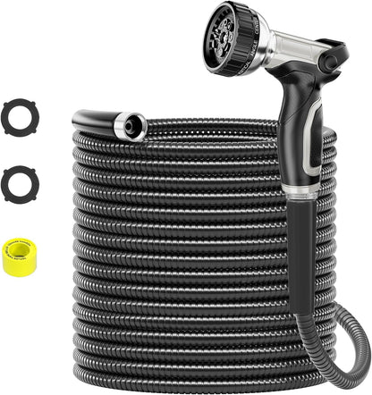SPECILITE 50ft 304 Stainless Steel Garden Hose Metal, Heavy Duty Water Pipe with Nozzles for Yard
