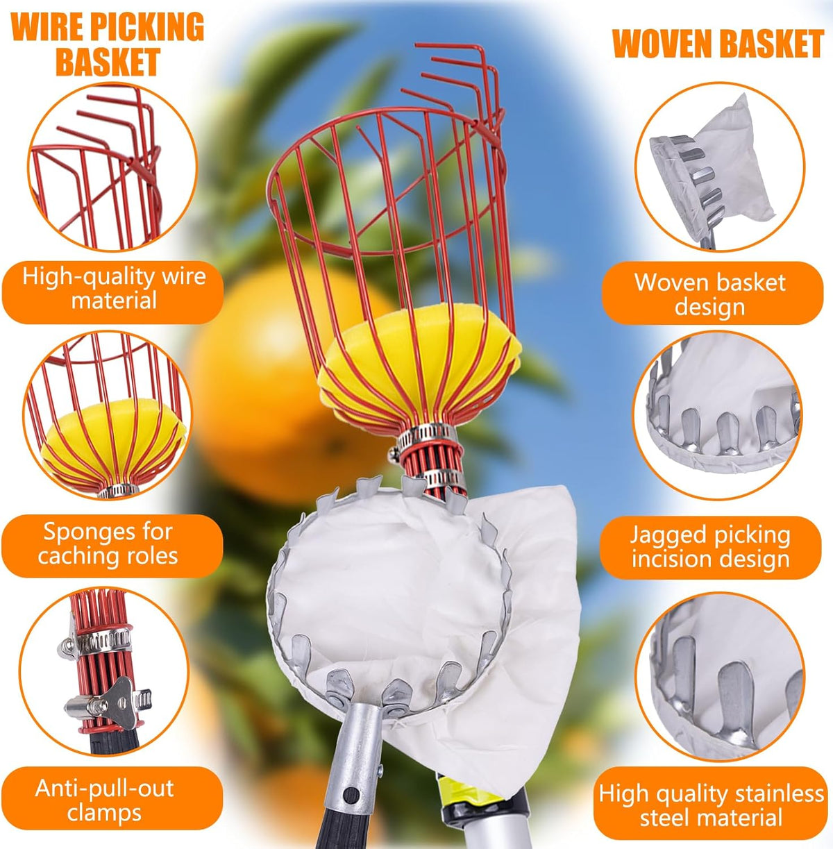 20FT Telescopic Fruit Picker With Wire Basket and Woven Basket,Adjustable Fruit Picker Pole With