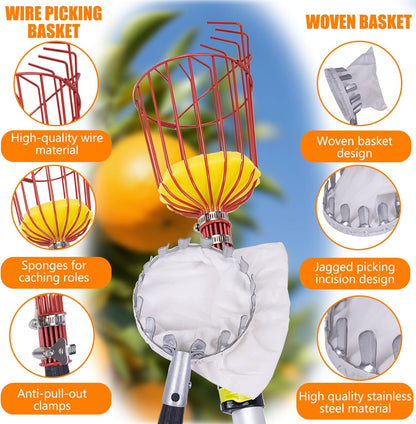20FT Telescopic Fruit Picker With Wire Basket and Woven Basket,Adjustable Fruit Picker Pole With