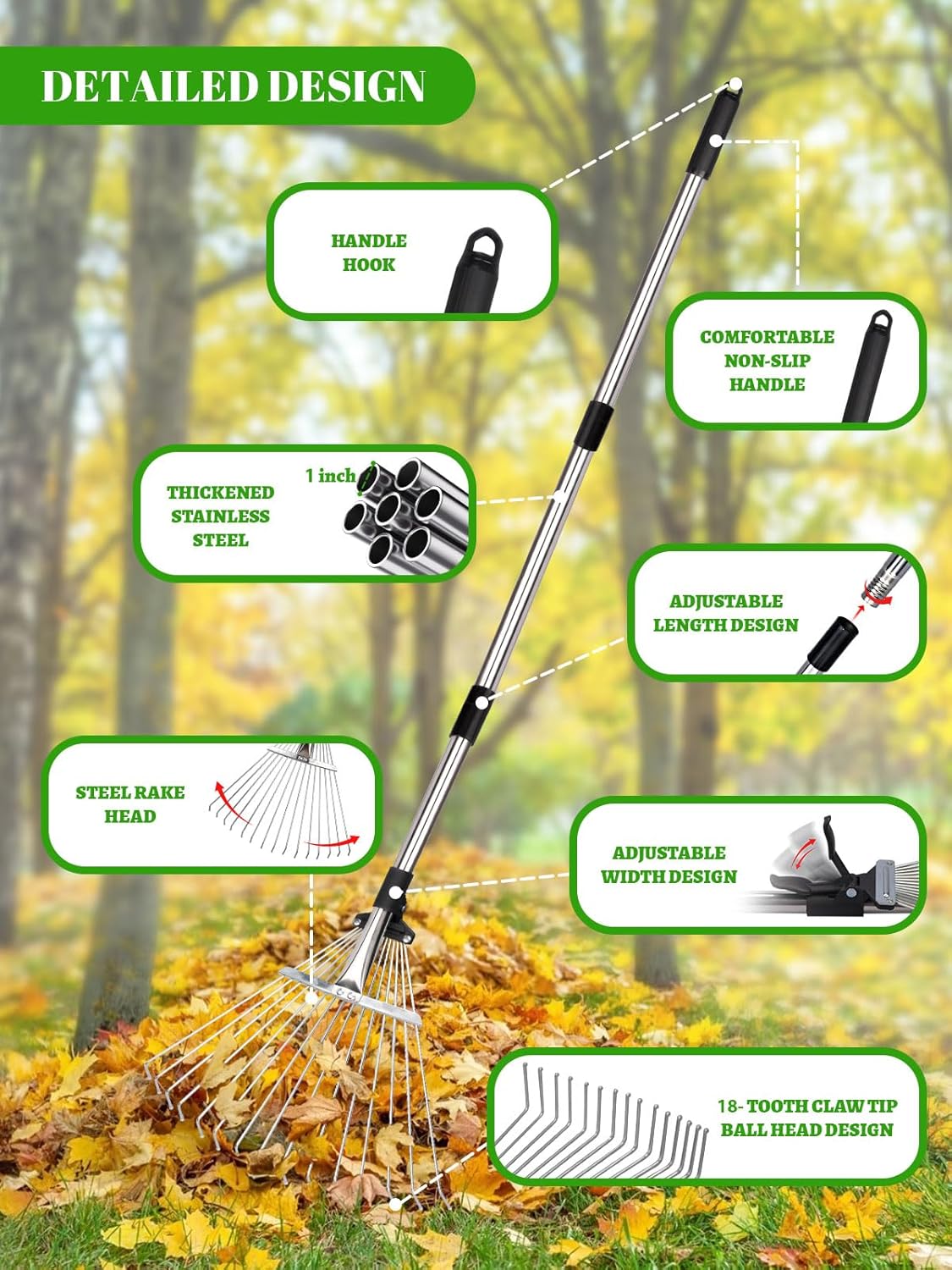 Adjustable Metal Leaf Rake Set Garden Rake for Leaves Long Handle 37"-63" Expandable Head Gardening
