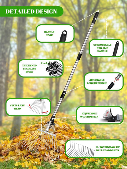 Adjustable Metal Leaf Rake Set Garden Rake for Leaves Long Handle 37"-63" Expandable Head Gardening