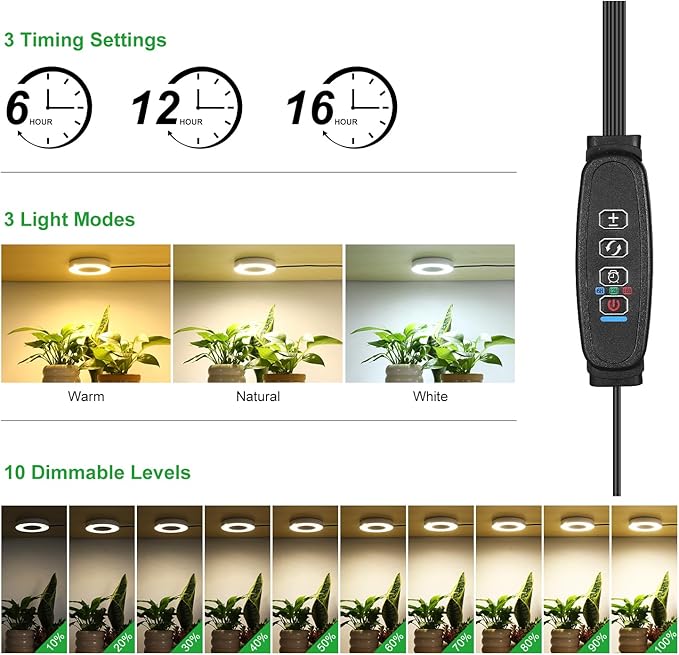 3 Head White Halo Angel Ring Ceiling LED Plant Growth Lights for Shelf, 3000K+6000K Full Spectrum