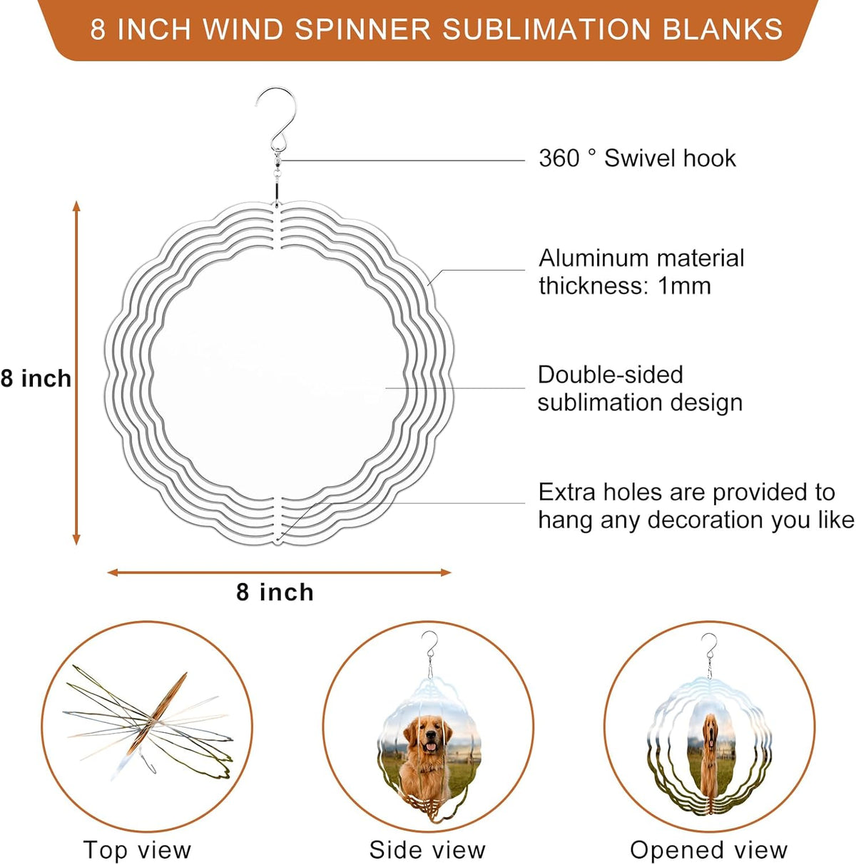 Remiawy Sublimation Wind Spinner Blanks, 8 Inch 5 Pack 3D Aluminum Metal Hanging Wind Spinners