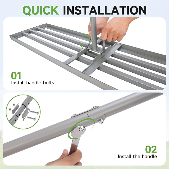 Lawn Leveling Rake – Heavy-Duty Galvanized Steel Yard Leveling Rake with Adjustable 48x12 Inch Rack