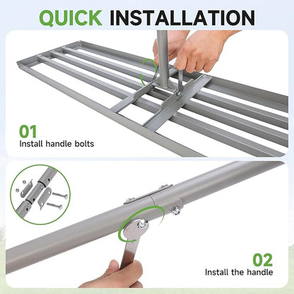 Lawn Leveling Rake – Heavy-Duty Galvanized Steel Yard Leveling Rake with Adjustable 48x12 Inch Rack