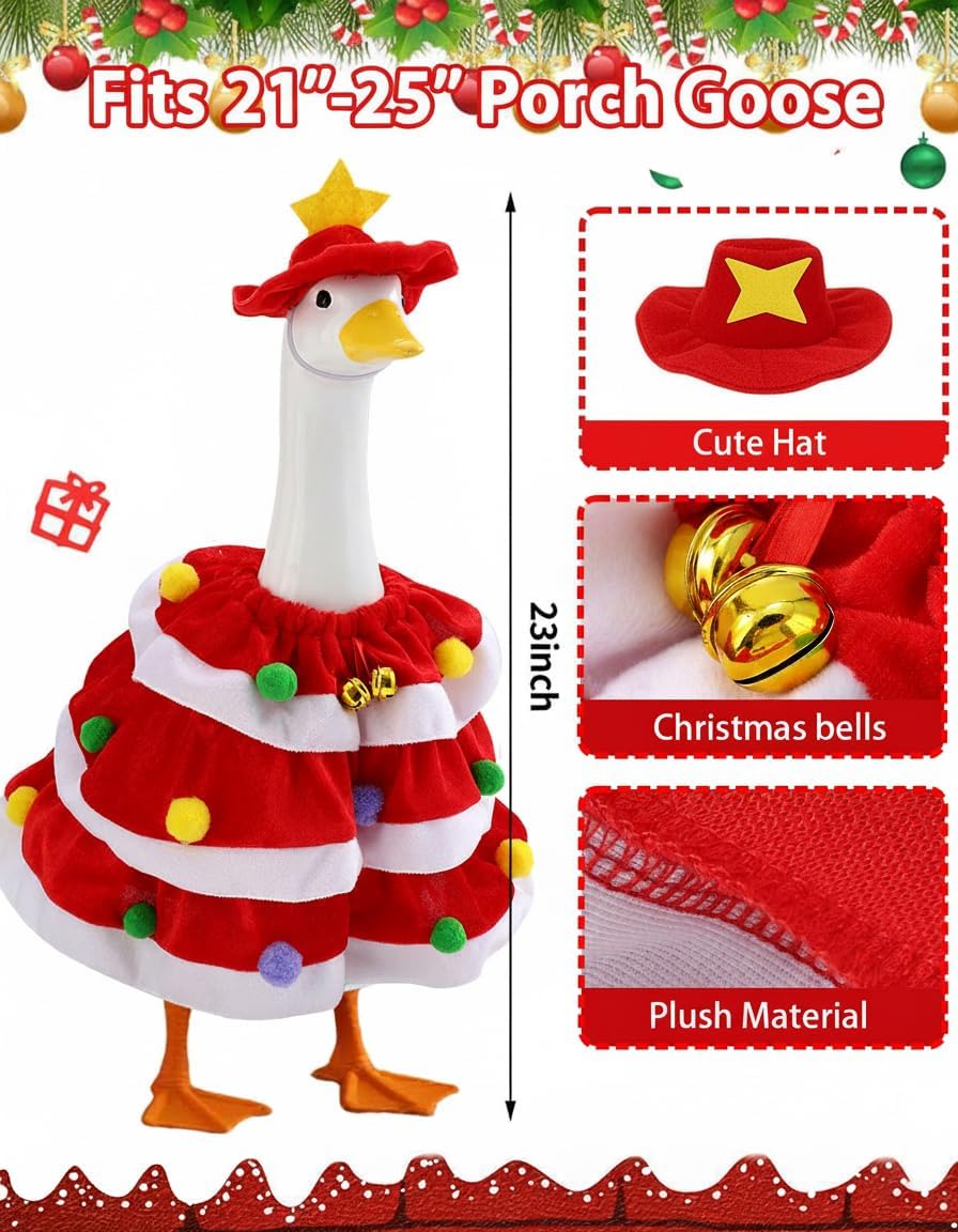 Christmas Porch Goose Outfits with Bells, 2 Pcs/Set Lawn Cement Goose Clothes, 23" Patio Yard