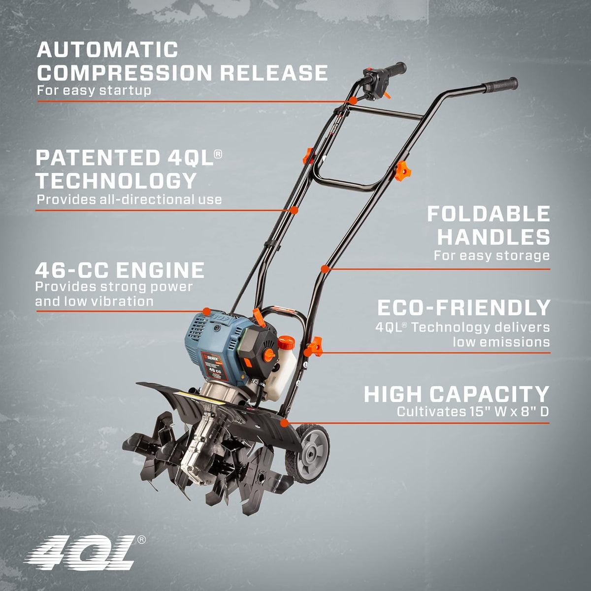 SENIX 4QL 4-Cycle Gas Powered Tiller Cultivator, 46cc Full Crank Engine, 15-Inch Tilling Width
