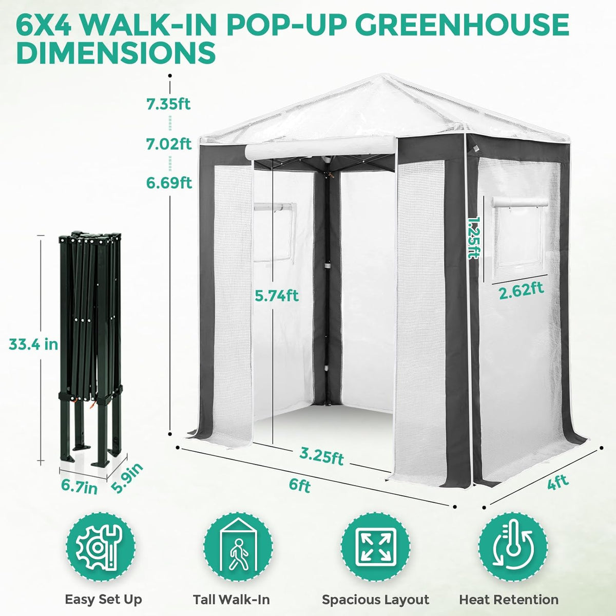 EAGLE PEAK 6x4 Portable Walk in Greenhouse with Polyester Reinforced Corners, Instant Pop up Indoor