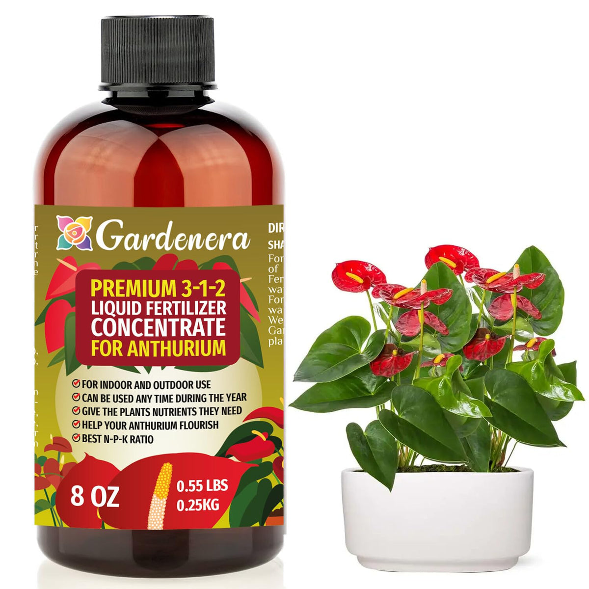 Gardenera Premium Liquid ANTHURIUM Fertilizer - 3-1-2 Concentrate for Indoor Plants and Flowers