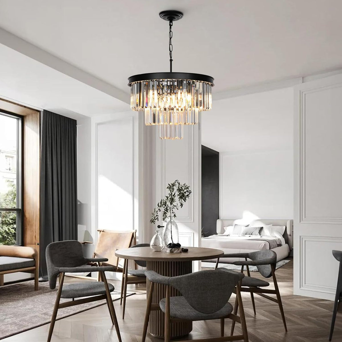 Crystal Chandeliers for Dining Room Lights Fixtures, 9 Lights Black Modern Chandeliers for Bedroom