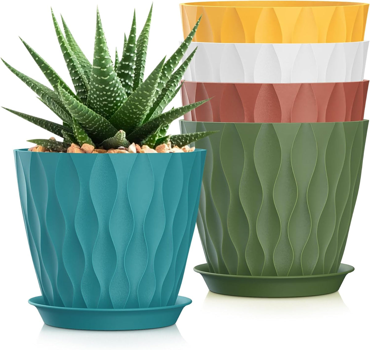 7 Inch Plant Pots 5 Pack, Flower Planters with Drainage Holes and Trays,Plastic Pots for Indoor