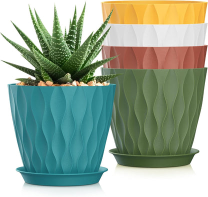 7 Inch Plant Pots 5 Pack, Flower Planters with Drainage Holes and Trays,Plastic Pots for Indoor
