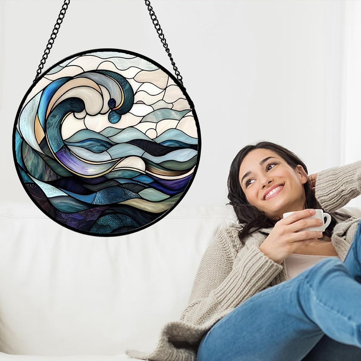 Stained Glass Window Hanging, Ocean Waves Sun Catchers Diamond Glass Panel Hangings Abstract