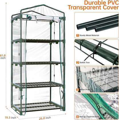 Bstrip Indoor Greenhouse with Grow Lights, 4 Tier 27.2" L×19.9" W×61.8" H Mini Greenhouse with