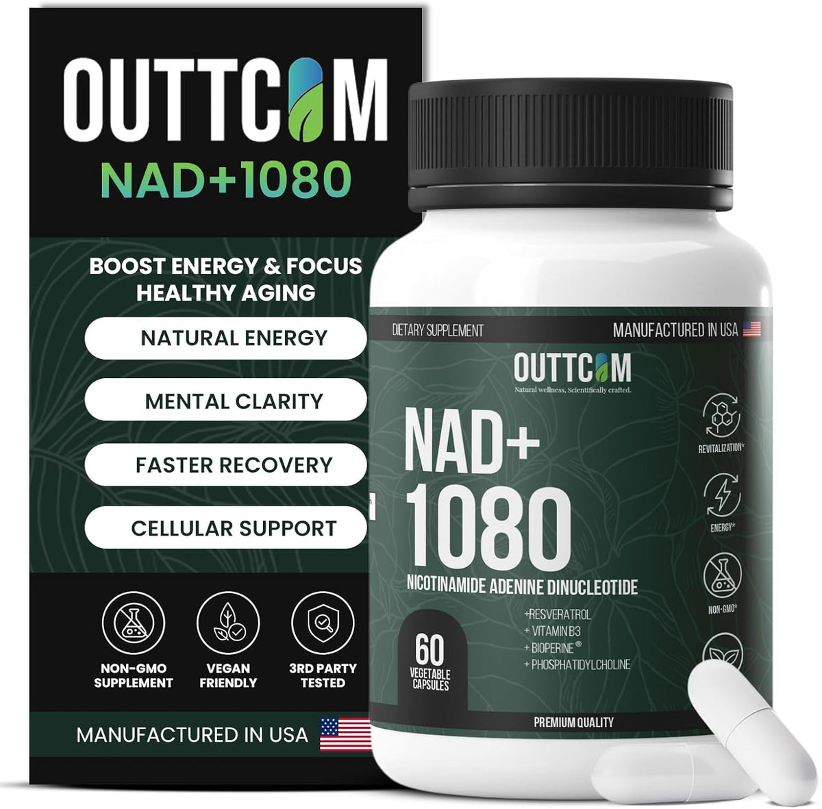 NAD+ Supplement w/ Resveratrol, B12, Phosphatidylcholine & Bioperine – 900mg NAD+ Capsule, 60