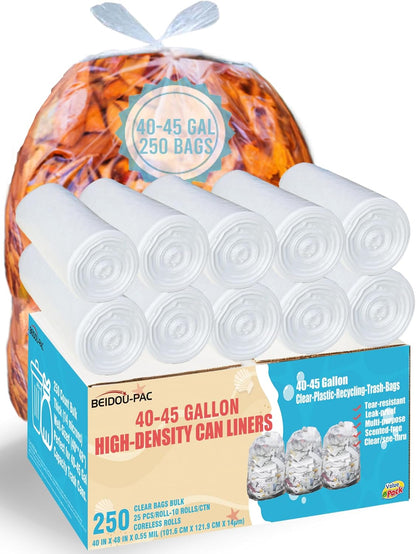40-45 Gallon Trash Bags, 250 Count Bulk, Heavy Duty Clear Plastic Recycling Garbage Bags