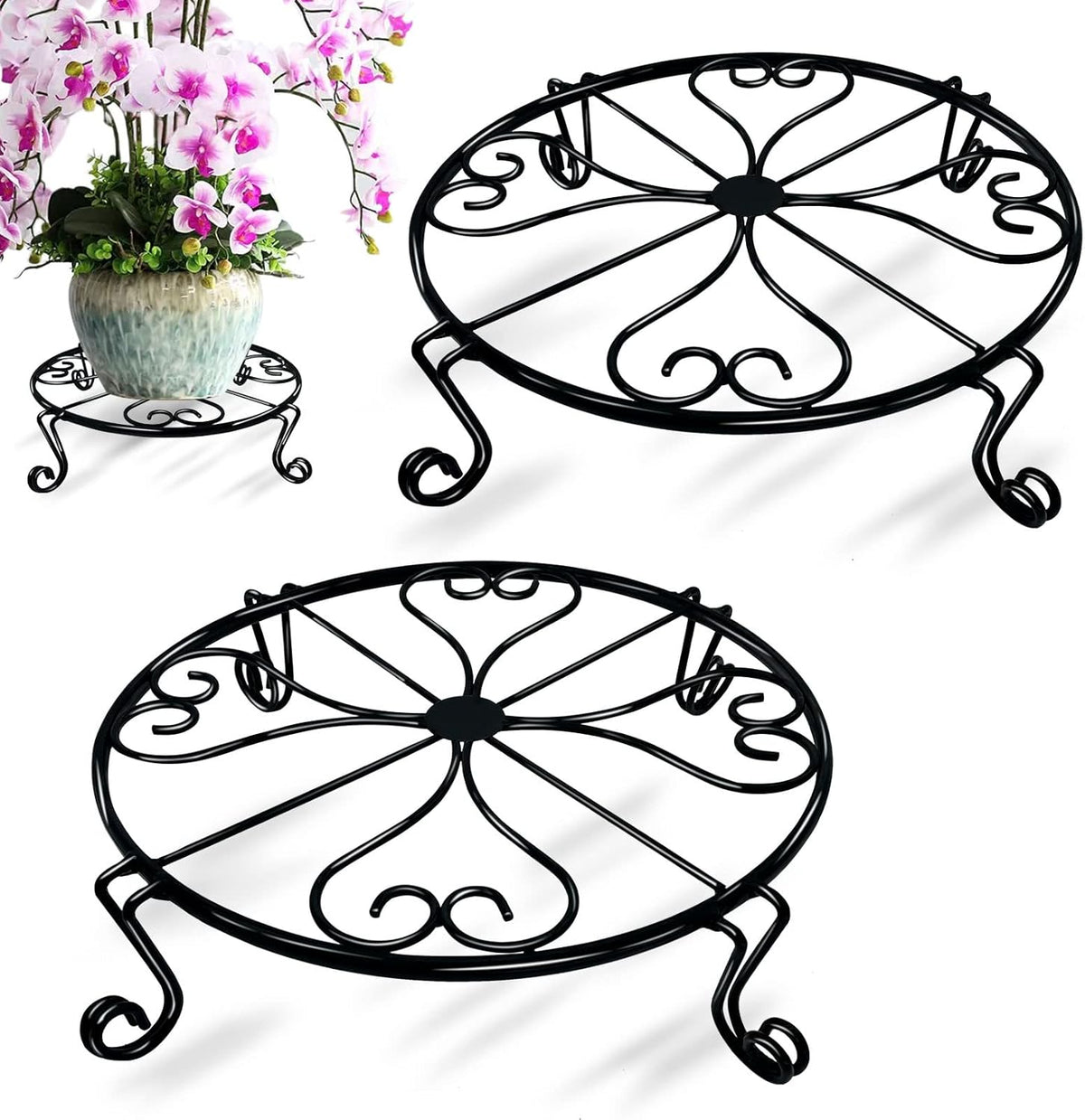 2 packs 12" Black Metal Plant Stands Heavy Duty Plants Holder Outdoor Indoor, Round Wrought Iron
