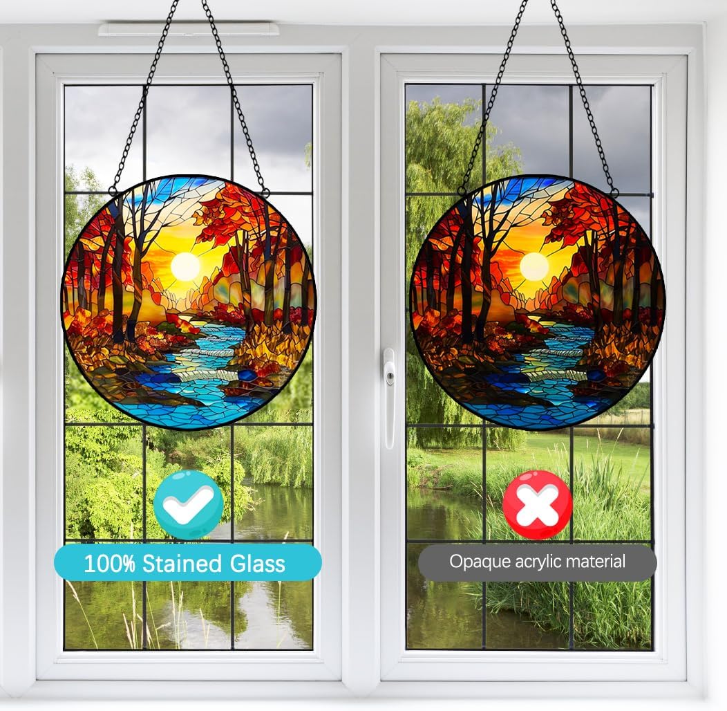 Fall Decor Sunrise Tree and River Landscape Stained Glass Suncatcher for Window Hanging - Mountains