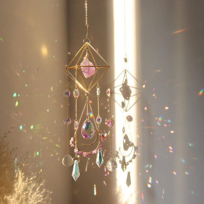 Amethyst Crystal Suncatcher - Hanging Gold Plated Garden Sun Catcher for Windows, Healing Amethyst