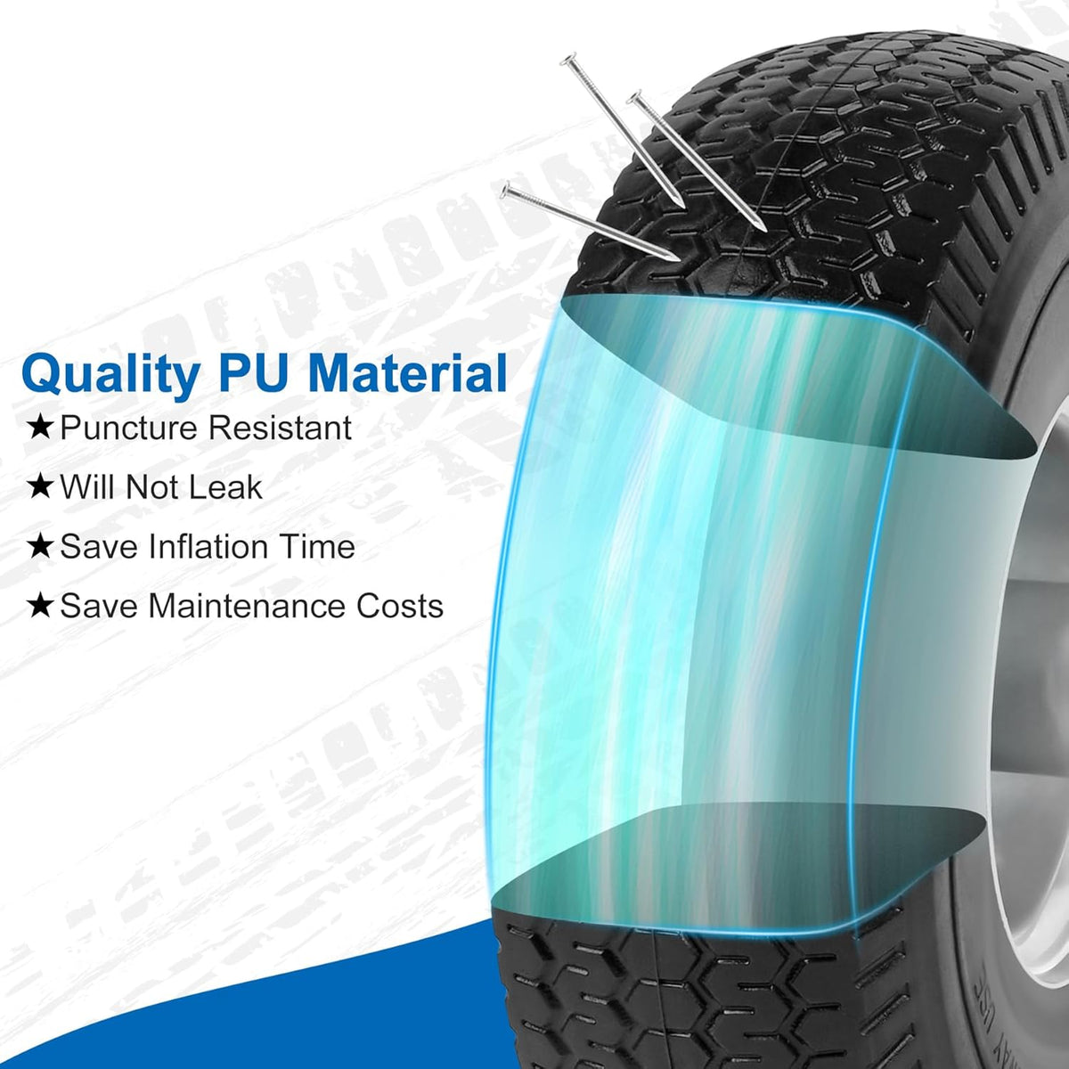 4.10/3.50-4" Flat Free Tires, 10 Inch Solid Tires and Wheels Replacement with 5/8" Axle Bore Hole