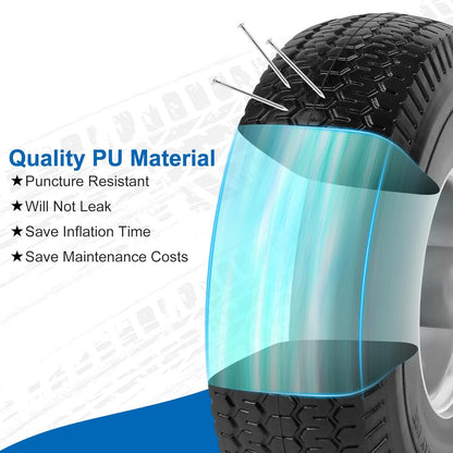 4.10/3.50-4" Flat Free Tires, 10 Inch Solid Tires and Wheels Replacement with 5/8" Axle Bore Hole