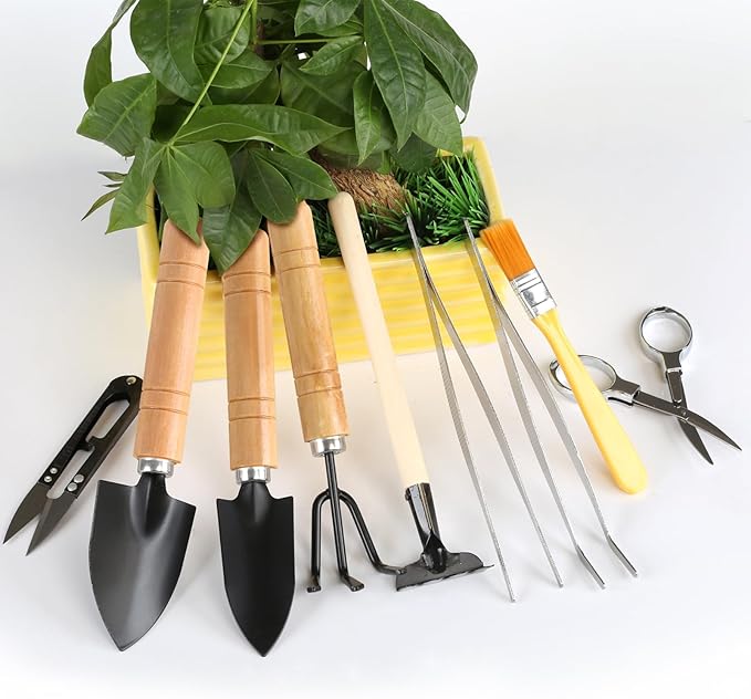 9 Piece Basic Bonsai Tools Set, Includes Pruning Shears, Mini Rake, Fold Scissors and More
