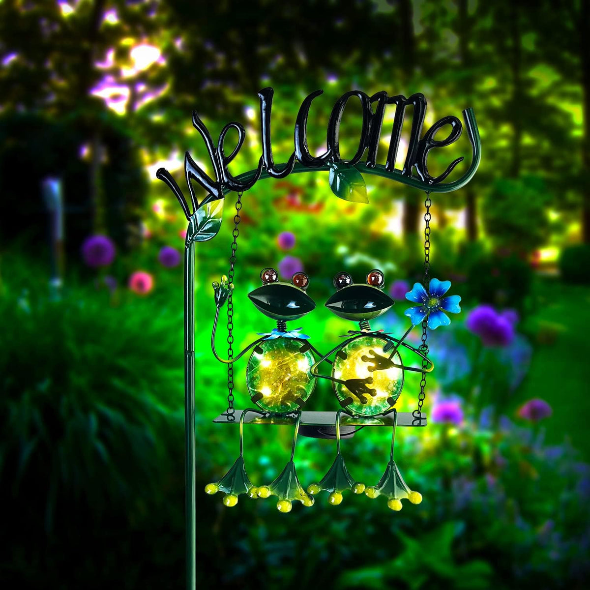 HONGLAND Outdoor Garden Solar Lights,Frog Swing Garden Decor,Frog Decorative Stake with Welcome