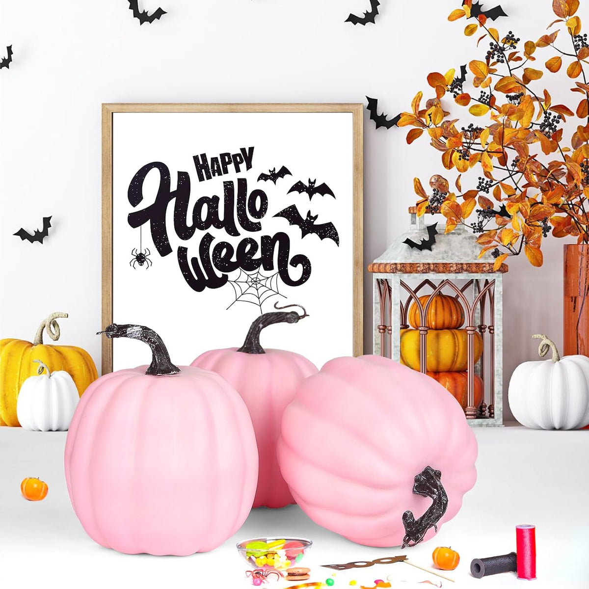 Artmag 6 Inch Large Artificial Pink Pumpkins, 4PCS Faux Foam Harvest Pumpkins for Fall Autumn