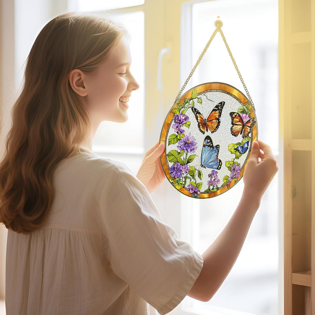Stained Glass Window Hanging, 8 Inch Sun Catchers Indoor Window, Butterfly Suncatchers for Windows