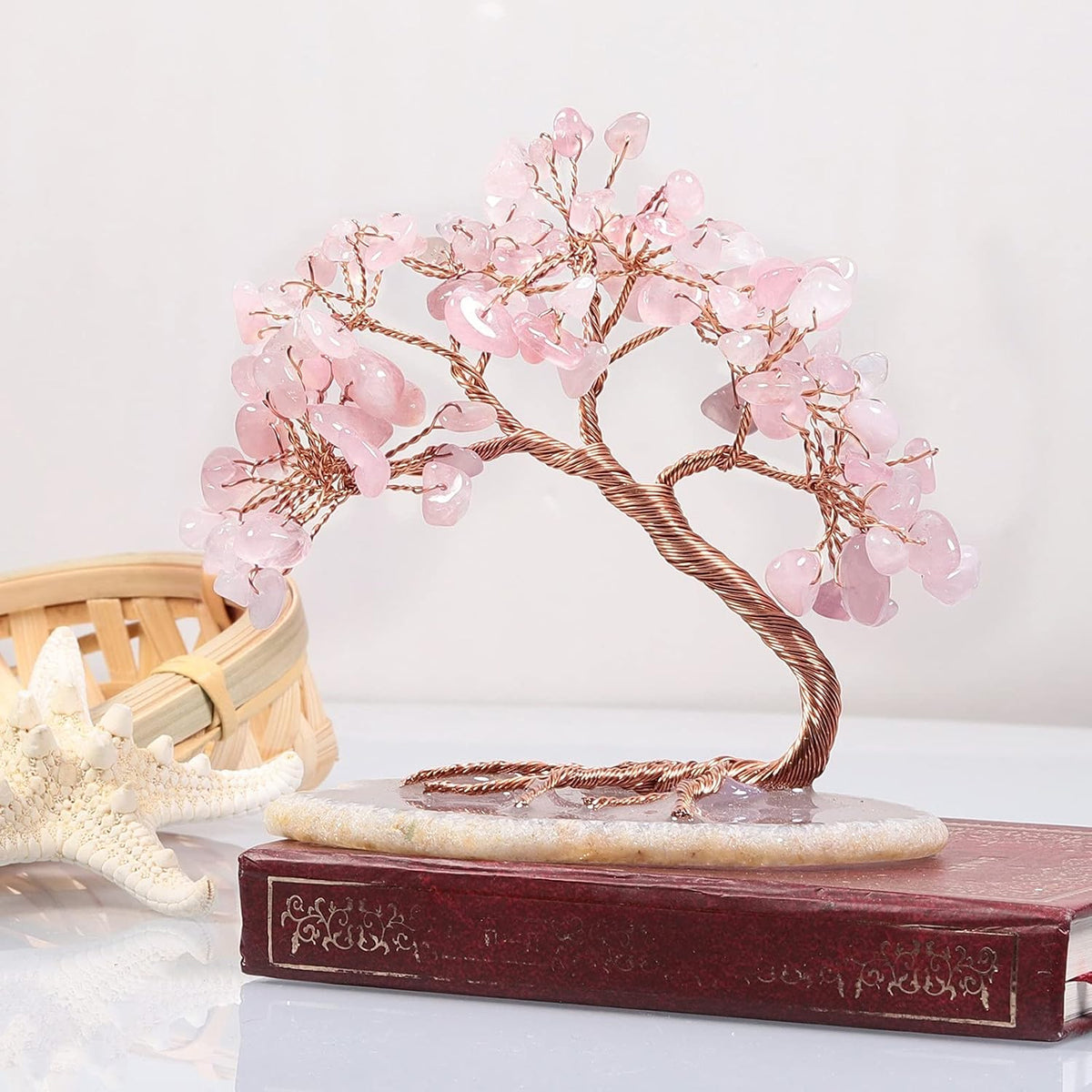 TUMBEELLUWA Reiki Crystal Money Tree with Agate Slice Base Feng Shui Stone Bonsai Tree Figure Decor