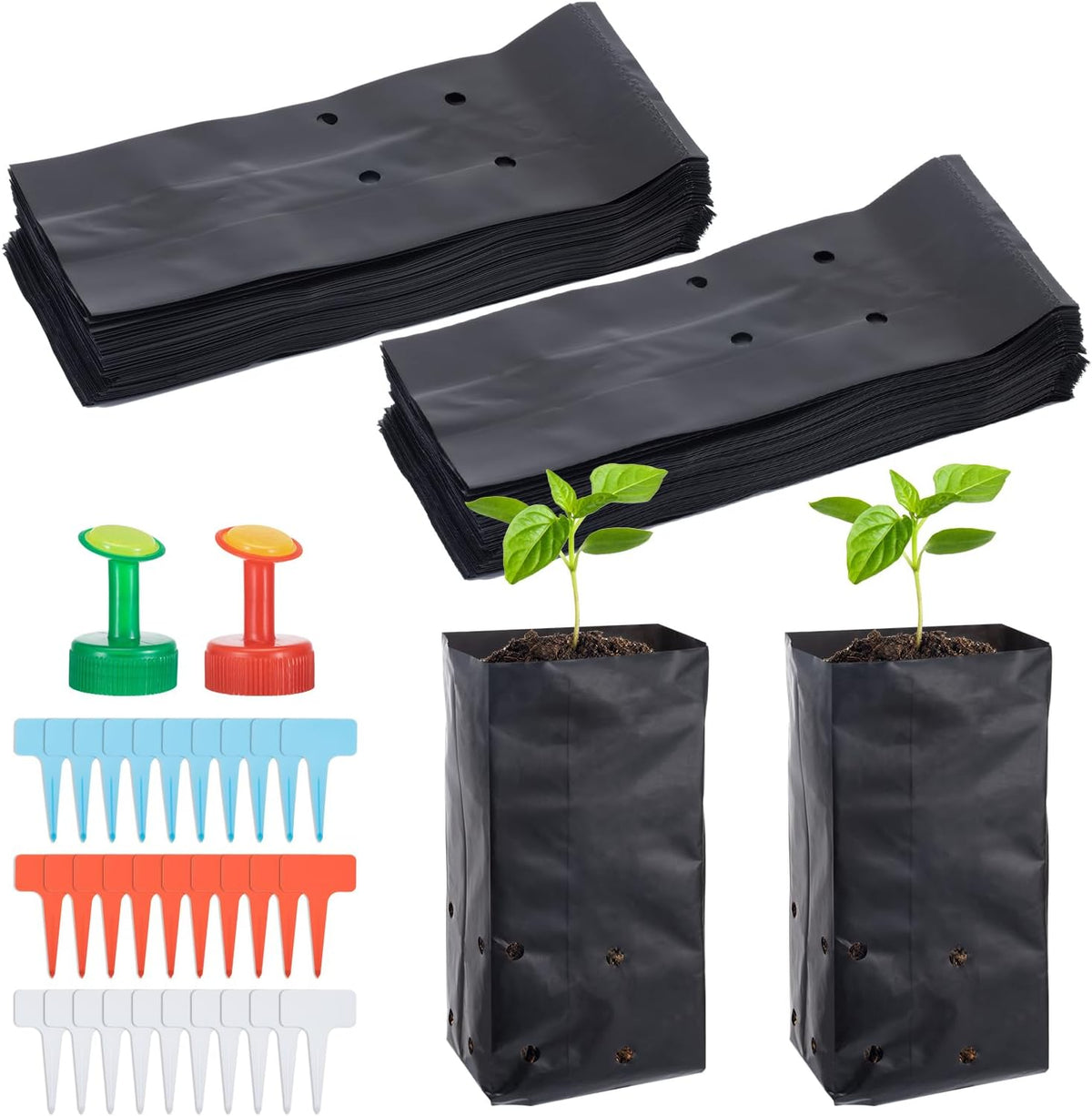100 Pcs Nursery Growing Bags Seedling Starter Bags with 30 Plant Labels & 2 Mini Watering