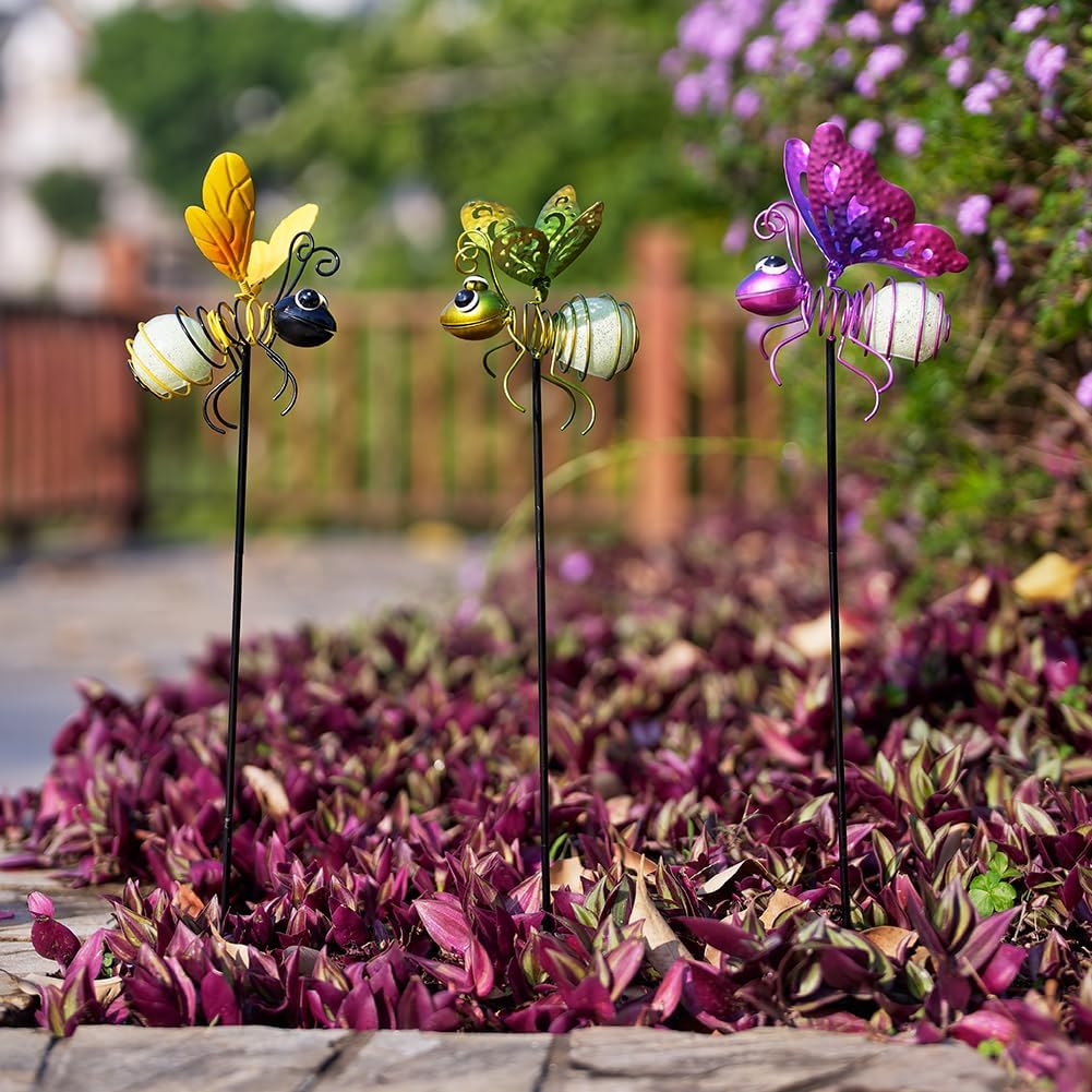 Garden Decor for Outside,3 Pcs Insect Garden Decorative Stakes,Glow in The Dark Bee Metal Yard