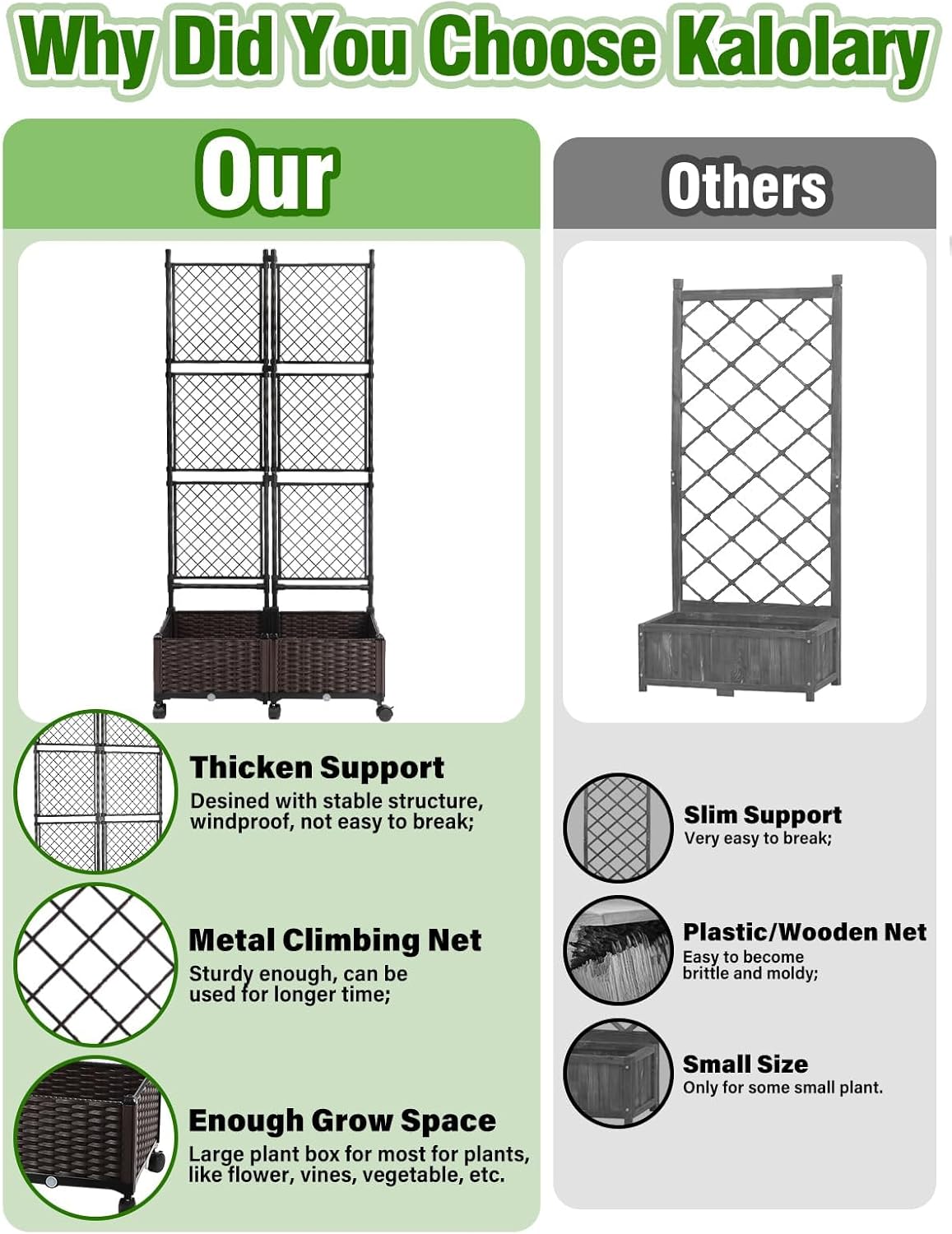 Kalolary 170CM Raised Garden Bed with Metal Trellis, Large Plastic Planter Box with Drainage Hole