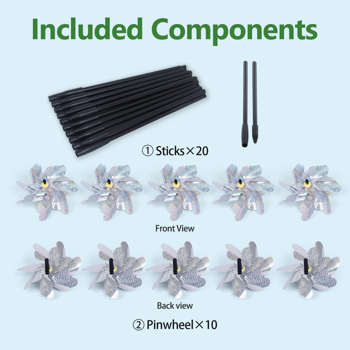 10 Pack Reflective Pinwheels with Plastic Stakes| 19.7 inch Pre-Assembled Sparkle Pin Wheel Set |