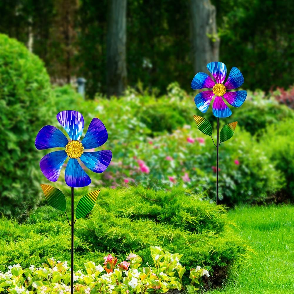 Viveta 2 Pack Garden Wind Spinners, 35.4 "Flower Metal Windmill,Pink and Blue Wind