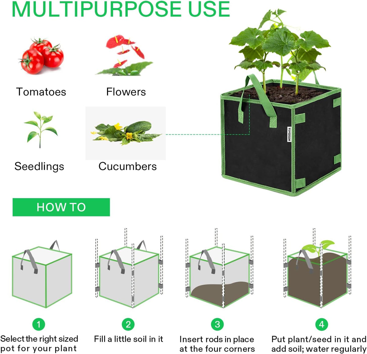 VIVOSUN 5 Pack 3 Gallon Square Grow Bags, Thick Nonwoven Cubic Fabric Pots with Handles for Indoor