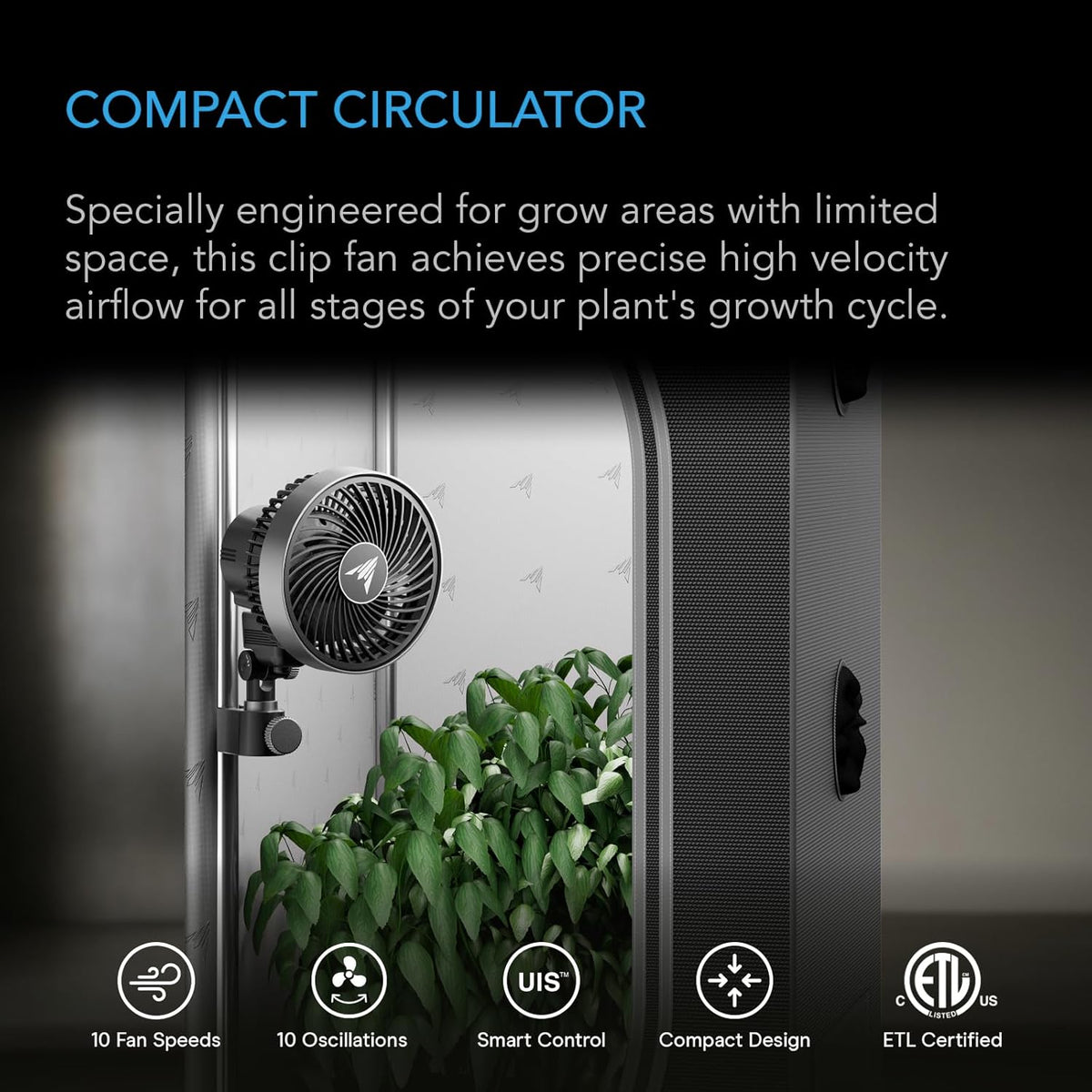 AC Infinity CLOUDRAY S4, Ultra-Compact Grow Tent Clip Fan 4”, Precision 10 Dynamic Wind Speeds