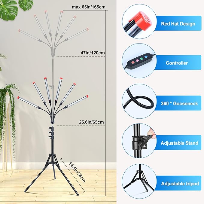 6-Head Grow Light with Stand and Timer, 54 Watt Power Home Plug LED Grow Lights for Indoor Plants