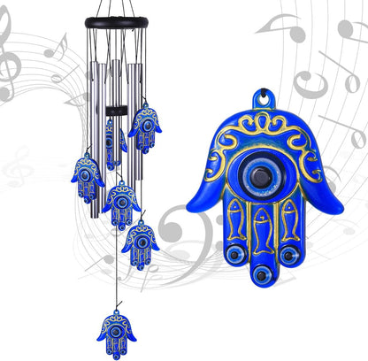 Blue Evil Eye Hamsa Hand Wind Chimes Outdoor Decoration, Hand of Fatima Windcatcher, Evil Eye Wind