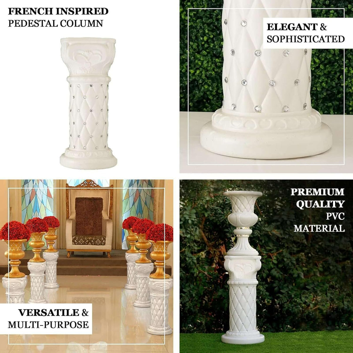 Efavormart 2 Pack 25" Tall White PVC 10mm Crystal Beaded Studded French Inspired Pedestal Column