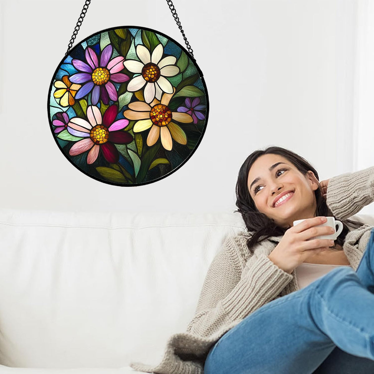 Stained Glass Window Hanging - Colorful Daisies Suncatcher for Door Garden Patio Retro Flower Sun