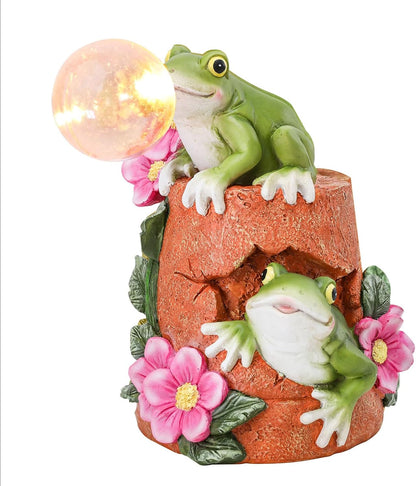 Afirst Solar Garden Outdoor Statues Frog Solar Garden Statue Blowing Bubble with Flowers Waterproof